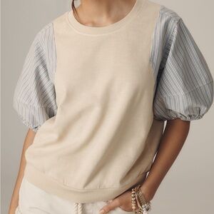 Pilcro Woven Puff-Sleeve Top in blue and tan